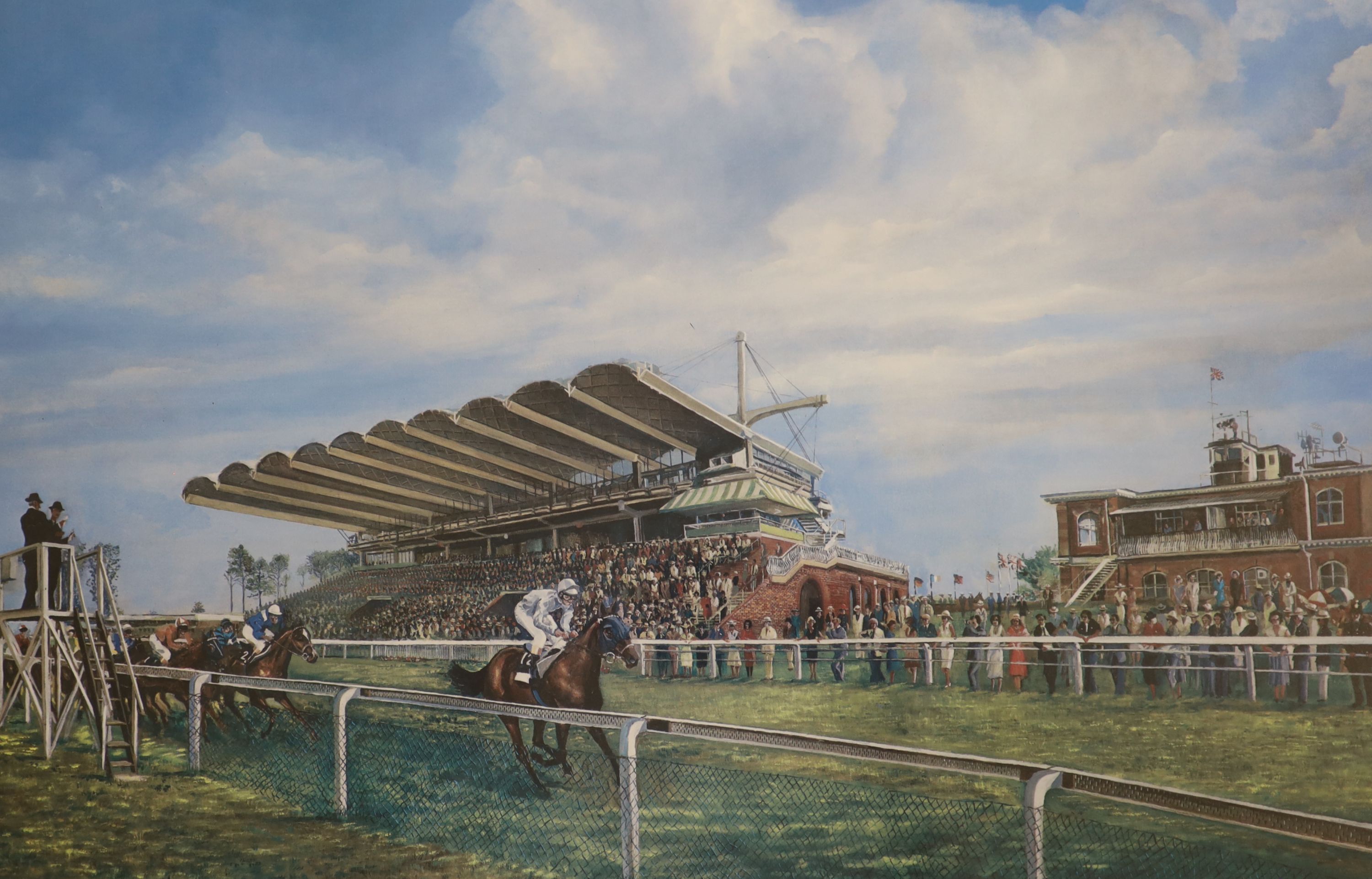 A group of pictures and prints, including a screenprint of the Cote D'Azur and horse racing subjects